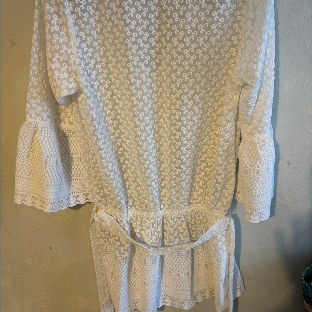Melissa Odabash White Crochet Lace Beach Cover-Up Tunic with Tie - Picture 7 of 7